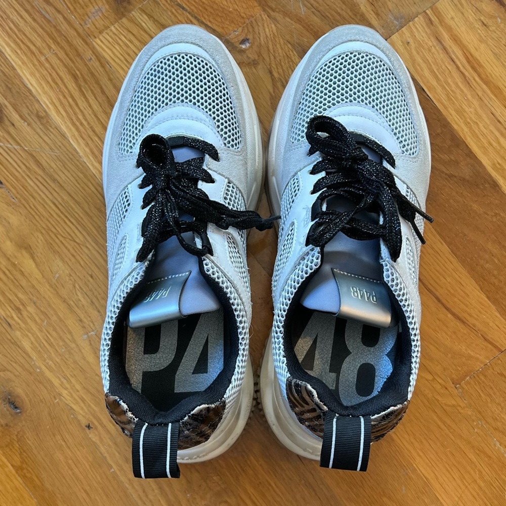 P448 Women's White and Black Mesh Sneakers with Leopard Heel Accent
